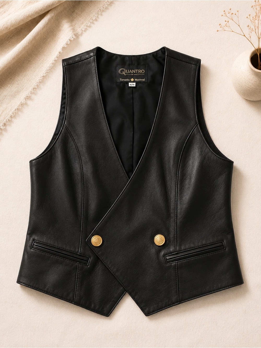 Vintage Black Faux Leather Double-Breasted Vest with Gold Buttons